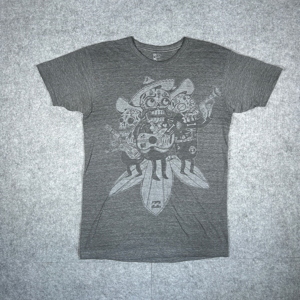Billabong T Shirt Mens Medium Gray Day of the Dead Mariachi Surfing Graphic Tee